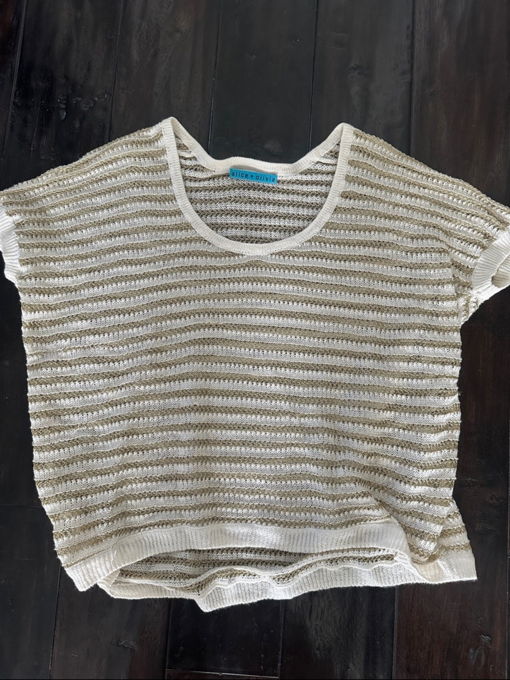 Alice + Olivia Cream and Gold Open-Weave Short Sleeve Top S/M